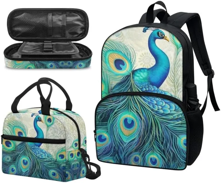 3 Pieces Boho Turquoise Peacock Backpack Sets 17" Plant Peacocks Feather Youth Schoolbag Forest Animal Lunch Box Pen Bag Suitable Junior, Senior Students