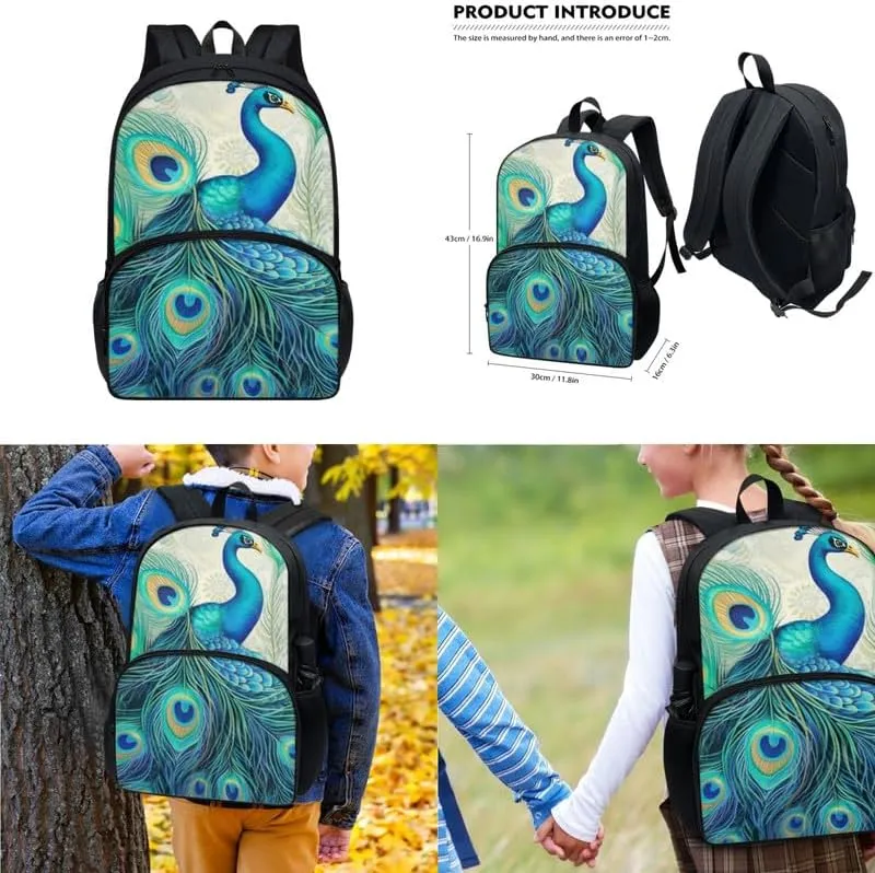 3 Pieces Boho Turquoise Peacock Backpack Sets 17" Plant Peacocks Feather Youth Schoolbag Forest Animal Lunch Box Pen Bag Suitable Junior, Senior Students