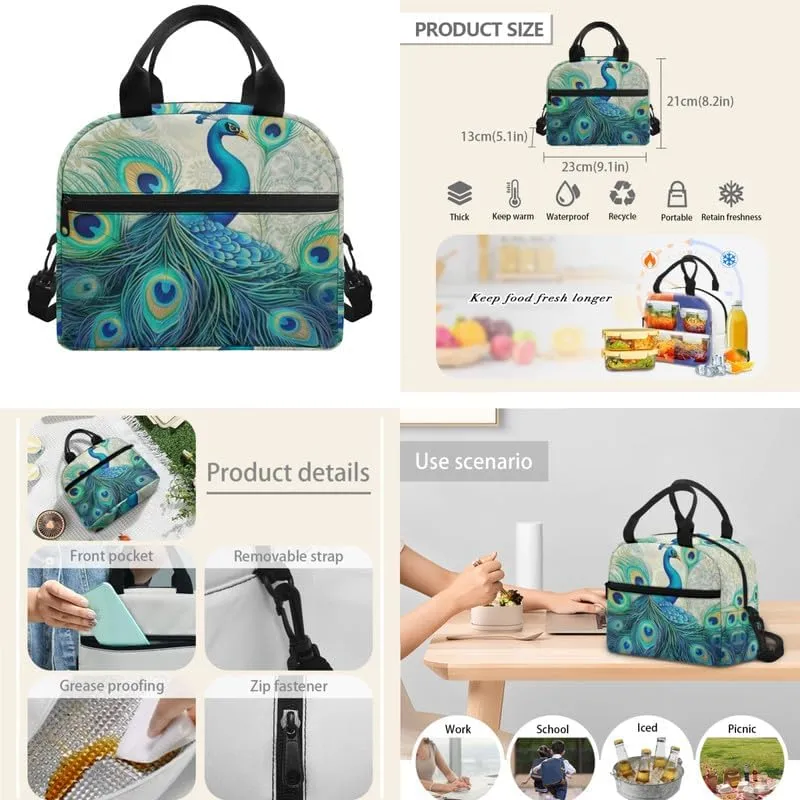 3 Pieces Boho Turquoise Peacock Backpack Sets 17" Plant Peacocks Feather Youth Schoolbag Forest Animal Lunch Box Pen Bag Suitable Junior, Senior Students