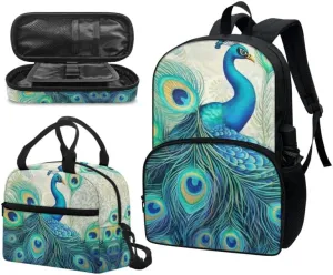 3 Pieces Boho Turquoise Peacock Backpack Sets 17" Plant Peacocks Feather Youth Schoolbag Forest Animal Lunch Box Pen Bag Suitable Junior, Senior Students