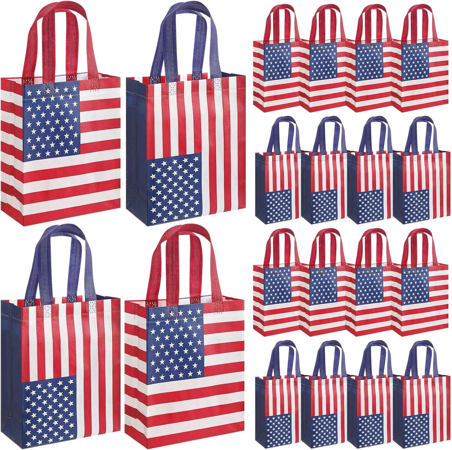 30 Pcs American Flag 4th of July Patriotic Gift Bags Reusable Non Woven Goodie Treat Bags with Handle Red White and Blue Party Favor for Independence Day Memorial Day Veterans