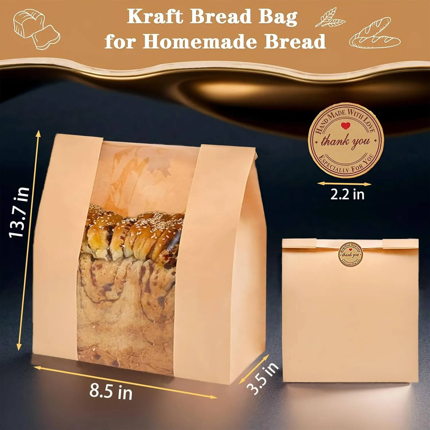 300 Sourdough Bread Bags with Window, Kraft Paper Bags for Homemade Bread, Bakery Bag for Storage Packaging - Large Sourdough Bag (13.7 * 8.2 * 3.5 in) - Thank You Bonus Label Stickers
