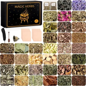 35Pcs Dried Herbs for Witchcraft Supplies, Dried Herb Kit for Witch Beginner, Wiccan, Wicca Altar Supplies, Magic Ritual and Spell, Candle and Soap Making, with Witchy Bell and More