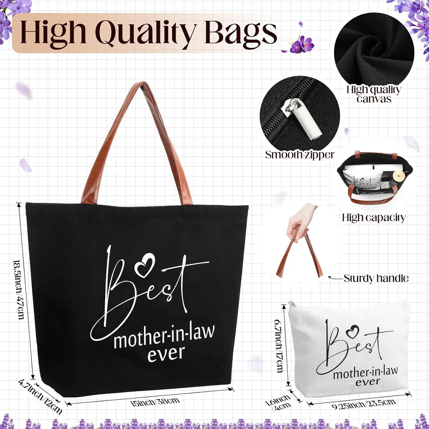 4 Pcs Mother in Law Gifts Mother's Day Gifts Include 16 oz Glass Cup with Lid and Straw Tote Bag Makeup Bag 3.5 oz Scented Candles Mom Birthday Presents from Daughter Son(Black)