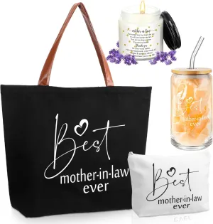 4 Pcs Mother in Law Gifts Mother's Day Gifts Include 16 oz Glass Cup with Lid and Straw Tote Bag Makeup Bag 3.5 oz Scented Candles Mom Birthday Presents from Daughter Son(Black)