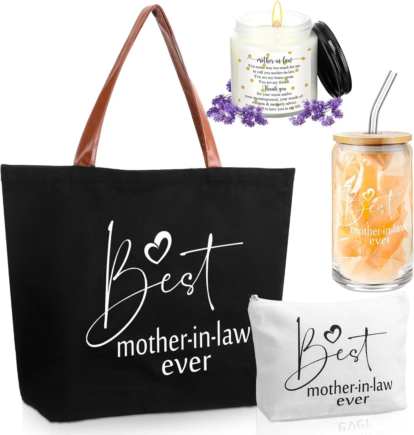 4 Pcs Mother in Law Gifts Mother's Day Gifts Include 16 oz Glass Cup with Lid and Straw Tote Bag Makeup Bag 3.5 oz Scented Candles Mom Birthday Presents from Daughter Son(Black)