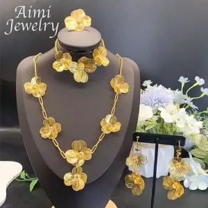4Pcs Jewellery Sets Dubai Original Gold Plated Jewelry Set for Women African Necklace Earrings Bracelet Ring Party Wedding Gifts