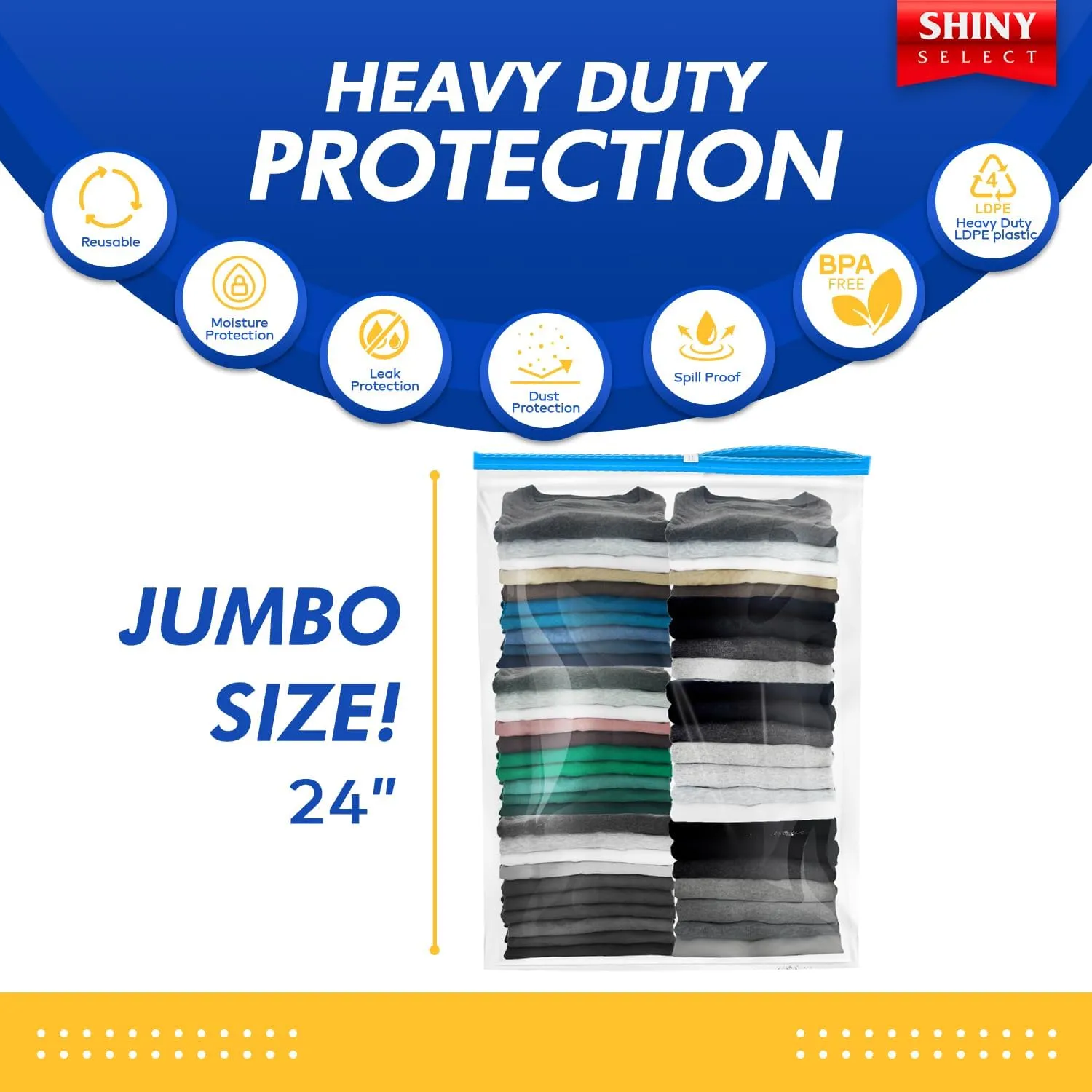 5 Gallon Jumbo Slider Storage Bag, 18x24, 50 Bags – Resealable Extra Large Clear Plastic, 2 Mil Thick - Home Organization, Luggage, Travel, Kitchen Use, Baby Essentials, Seasonal Clothes