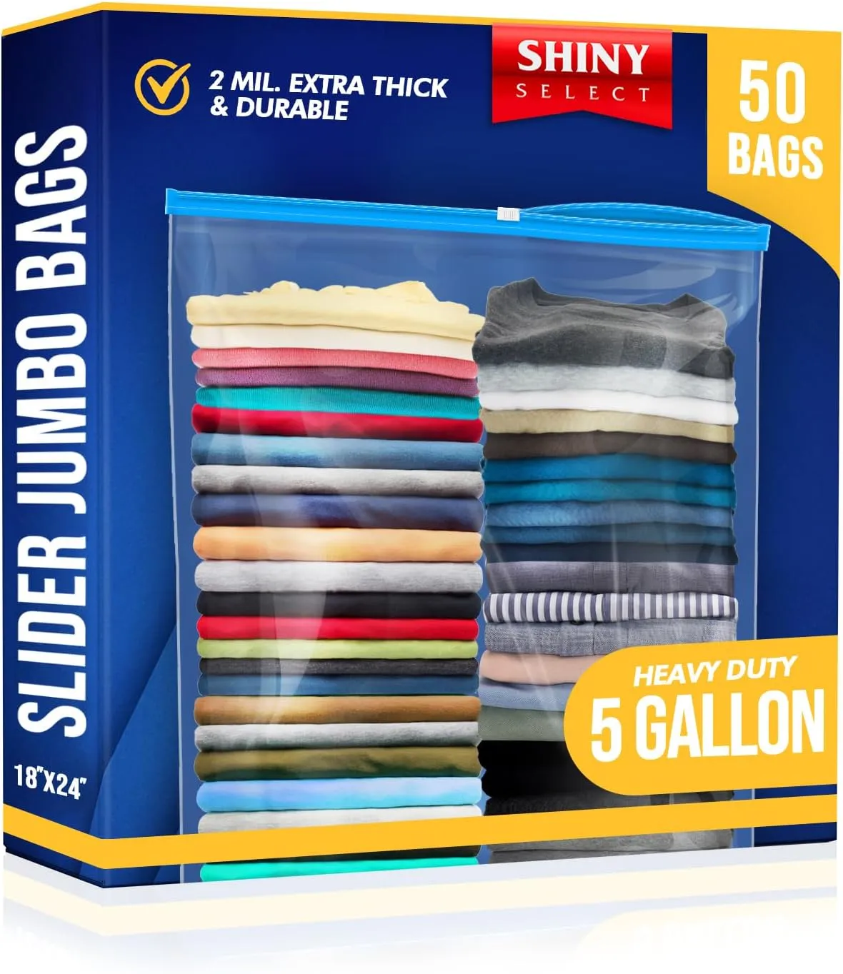 5 Gallon Jumbo Slider Storage Bag, 18x24, 50 Bags – Resealable Extra Large Clear Plastic, 2 Mil Thick - Home Organization, Luggage, Travel, Kitchen Use, Baby Essentials, Seasonal Clothes