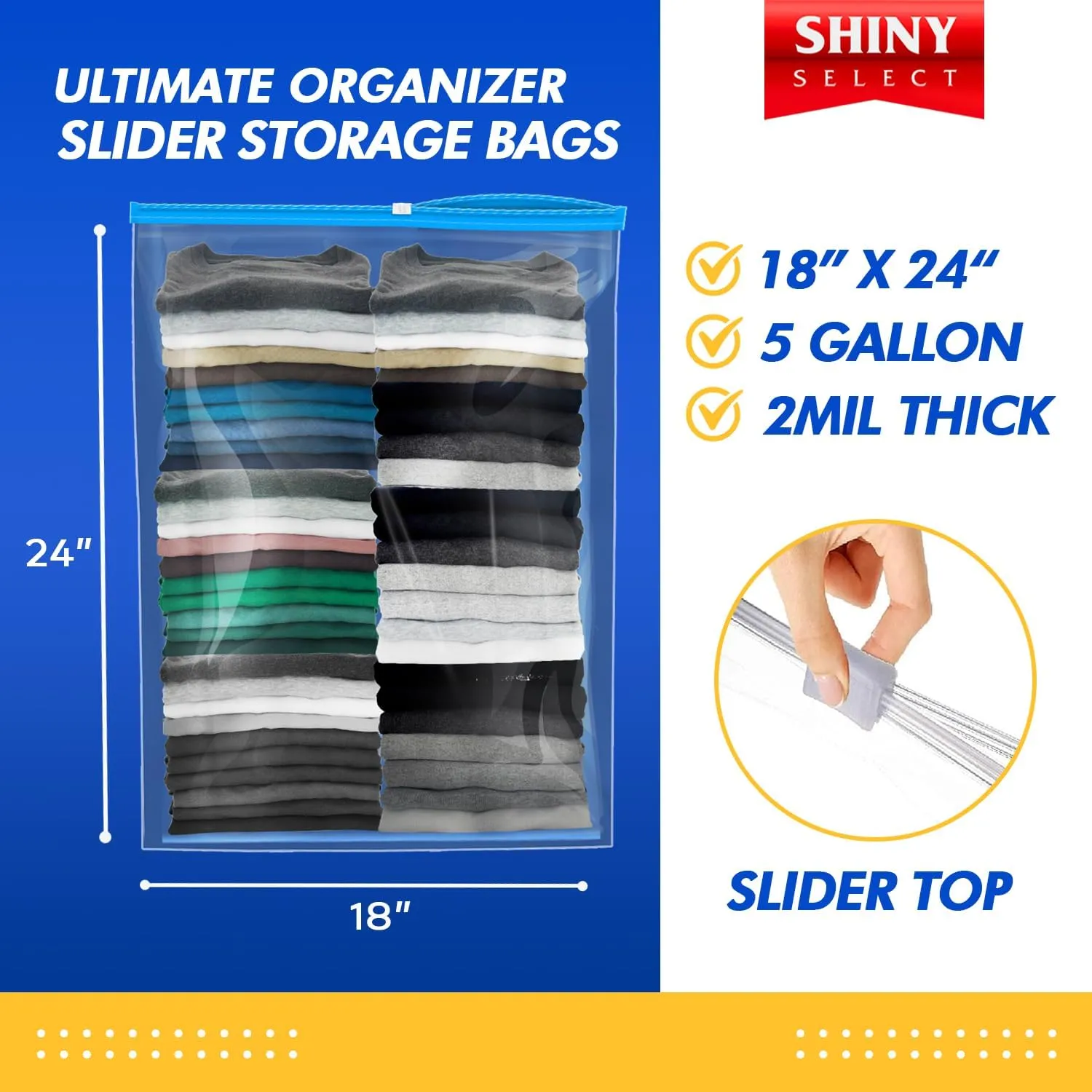 5 Gallon Jumbo Slider Storage Bag, 18x24, 50 Bags – Resealable Extra Large Clear Plastic, 2 Mil Thick - Home Organization, Luggage, Travel, Kitchen Use, Baby Essentials, Seasonal Clothes