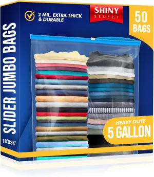 5 Gallon Jumbo Slider Storage Bag, 18x24, 50 Bags – Resealable Extra Large Clear Plastic, 2 Mil Thick - Home Organization, Luggage, Travel, Kitchen Use, Baby Essentials, Seasonal Clothes