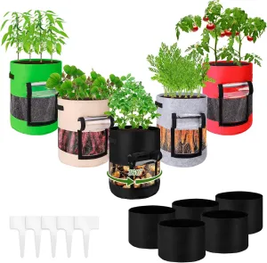 5 Pack Grow Bags 10 Gallons Heavy Duty 320G Pots with 360° Visible Flap Window,Thickened Nonwoven Garden Grow Bags with Handles, Shade Cloth & Plant Labels, Grow Bag for Crops or Flowers (5 Color)