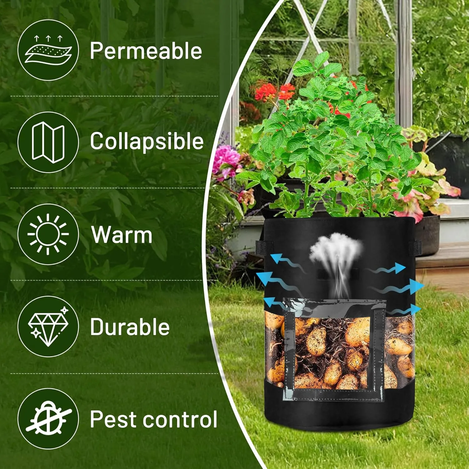 5 Pack Grow Bags 10 Gallons Heavy Duty 320G Pots with 360° Visible Flap Window,Thickened Nonwoven Garden Grow Bags with Handles, Shade Cloth & Plant Labels, Grow Bag for Crops or Flowers (5 Color)