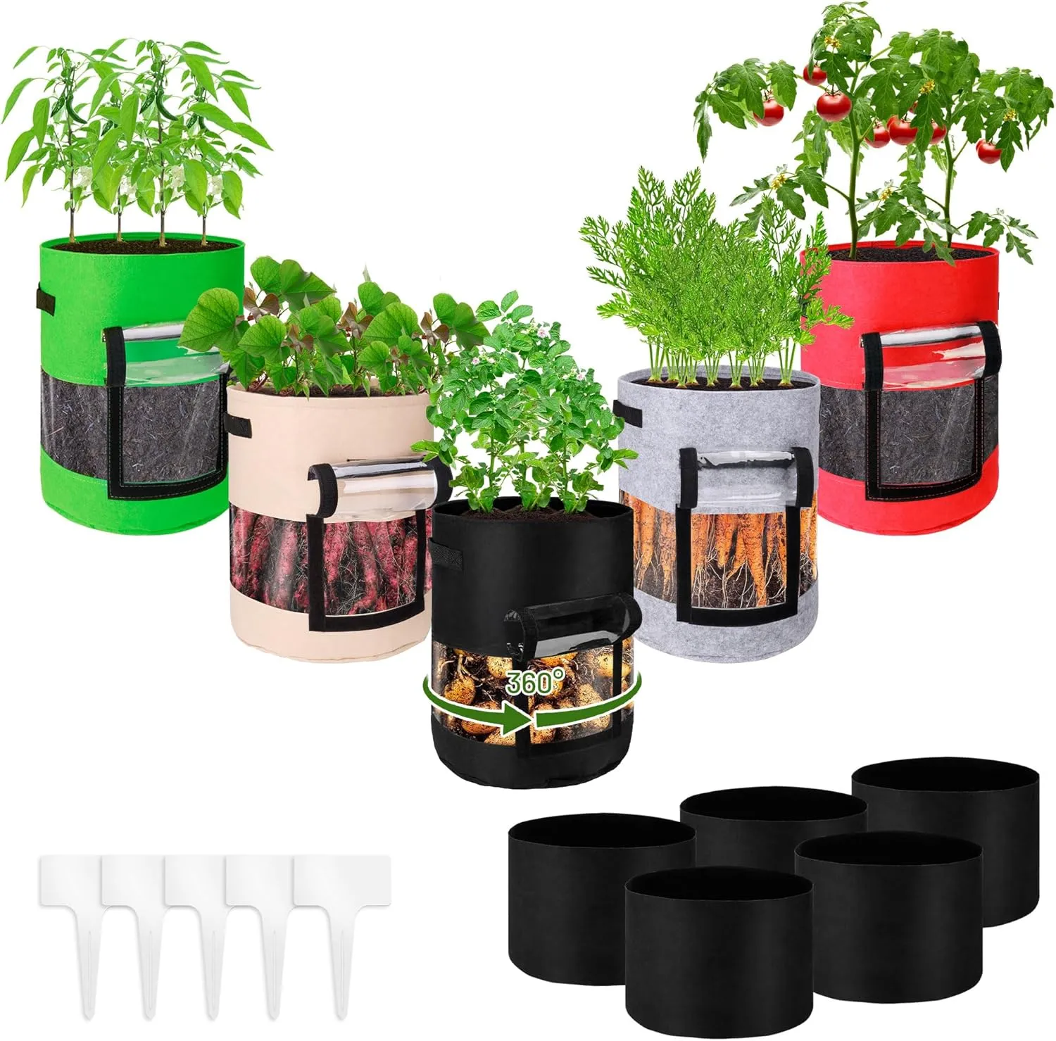 5 Pack Grow Bags 10 Gallons Heavy Duty 320G Pots with 360° Visible Flap Window,Thickened Nonwoven Garden Grow Bags with Handles, Shade Cloth & Plant Labels, Grow Bag for Crops or Flowers (5 Color)