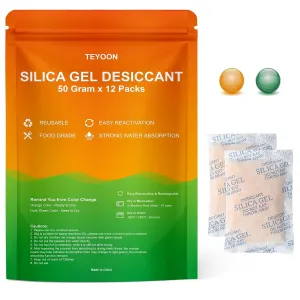 50 Gram 12 Packs Silica Gel Packets Food Grade Microwave Fast Reactivate Moisture Absorbers with Color Indicating, Premium Desiccant Packs for Food Spices Electronics Closet Jewelry Storage Tool Box