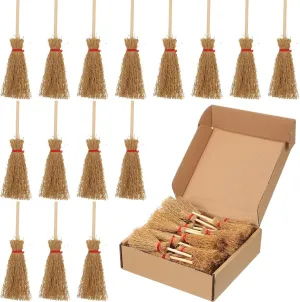 50 Pcs Miniature Mini Straw Brooms Artificial Halloween Straw Craft Decoration Small Dollhouse Witch Broomstick with Red Ropes Wizard Witches Accessory for Costume Cosplay Party