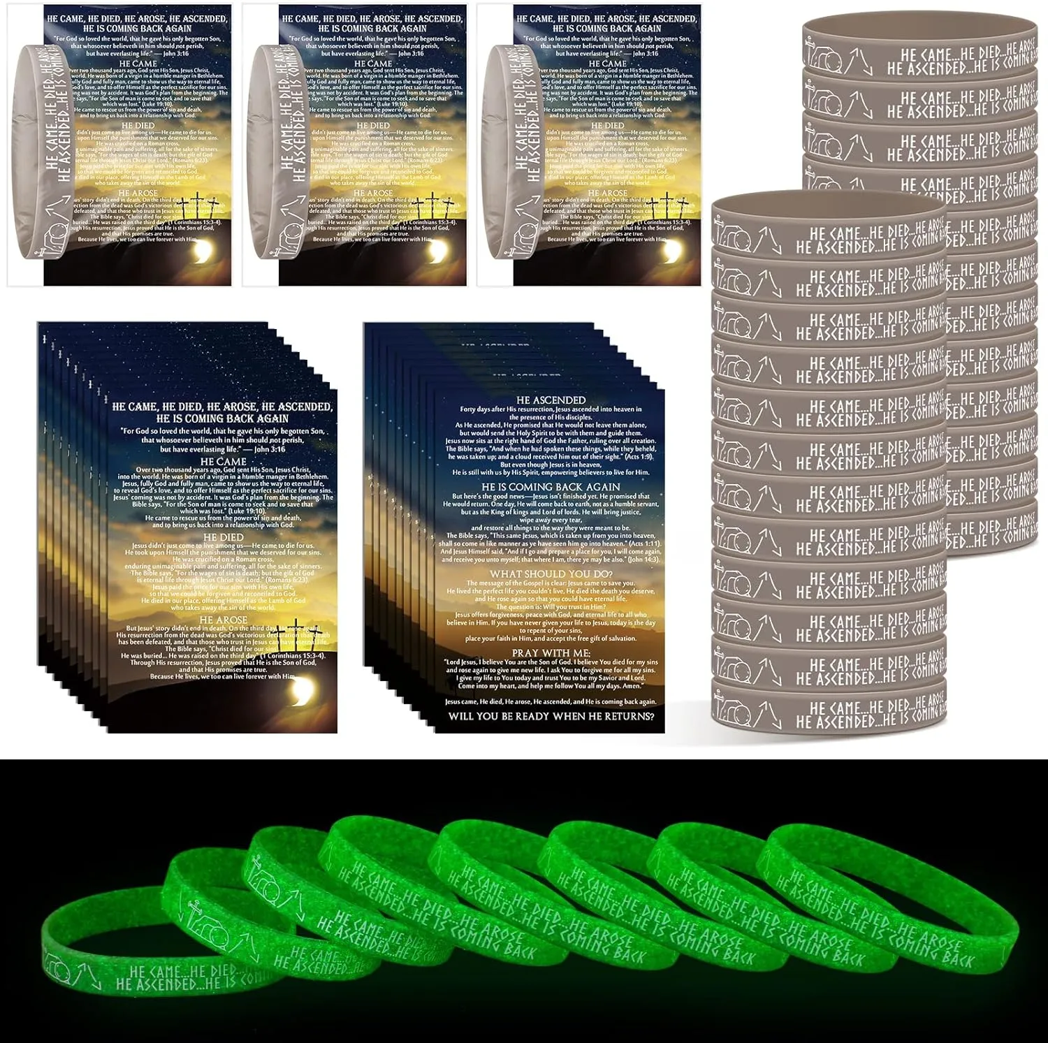 50 Sets Resurrection Gifts Bulk Christian Luminous Bracelet with Gospel Tract He Came Died Arose Silicone Bracelet Witness Mothers Day Gifts for Church Easter Basket Fillers Stuffers