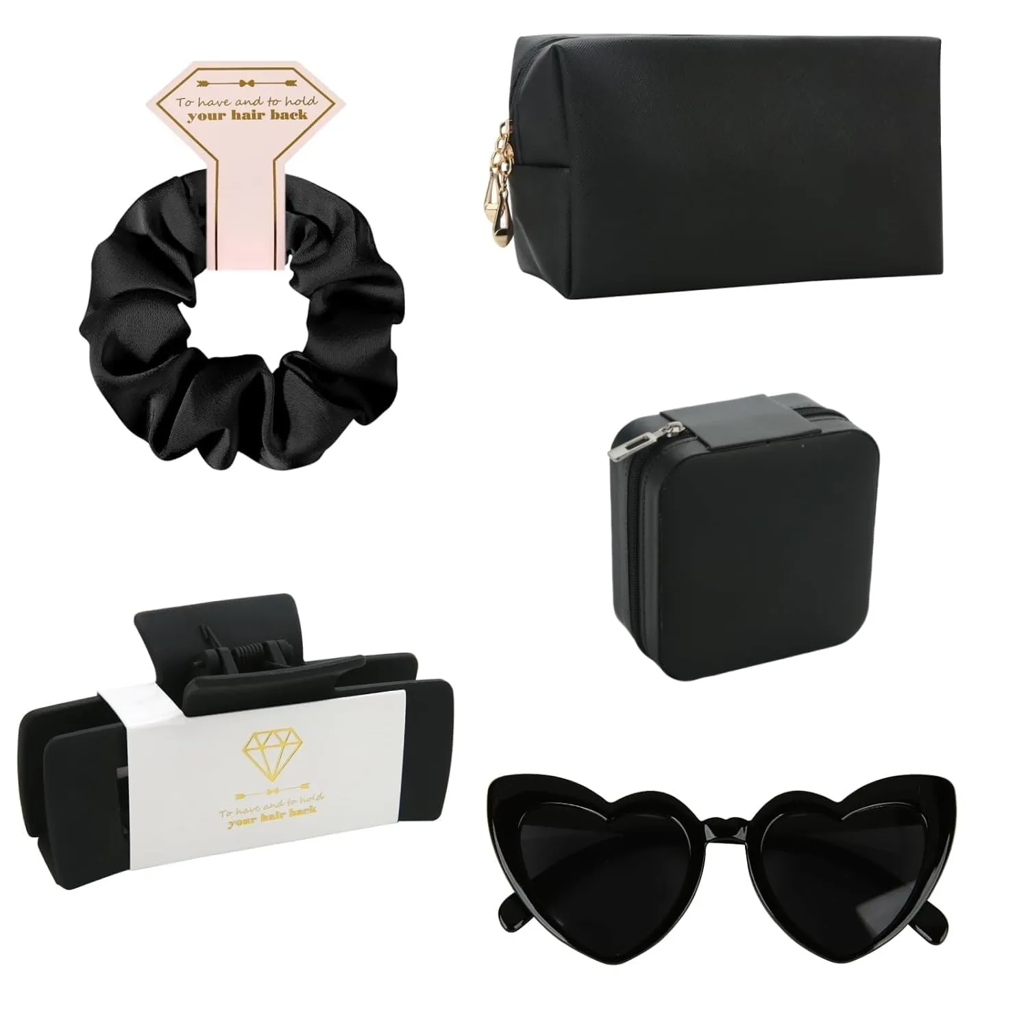 5pcs Bridesmaid Scrunchies Proposal Gifts makeup bag bulk Jewelry Box 4.1inch square Hair Claws Bachelorette Hair Clip heart sunglasses Girls for Wedding Party Favors (Black, Medium)