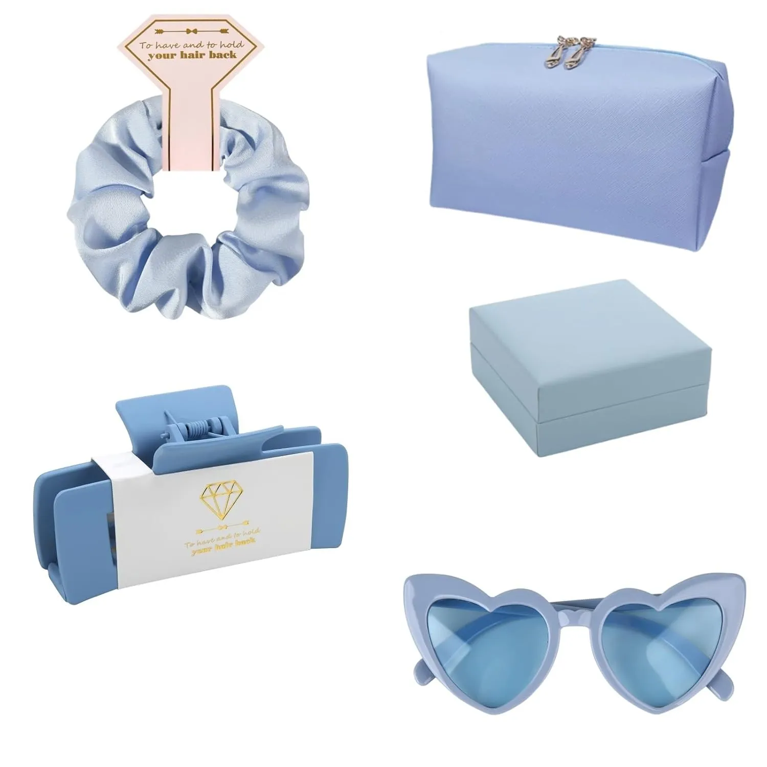 5pcs Bridesmaid Scrunchies Proposal Gifts makeup bag bulk Jewelry Box 4.1inch square Hair Claws Bachelorette Hair Clip heart sunglasses Girls for Wedding Party Favors (Blue, Small)