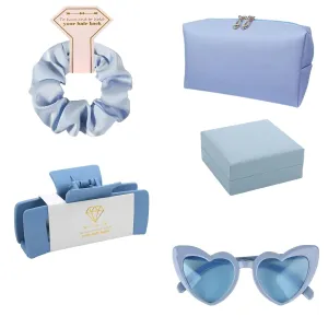 5pcs Bridesmaid Scrunchies Proposal Gifts makeup bag bulk Jewelry Box 4.1inch square Hair Claws Bachelorette Hair Clip heart sunglasses Girls for Wedding Party Favors (Blue, Small)