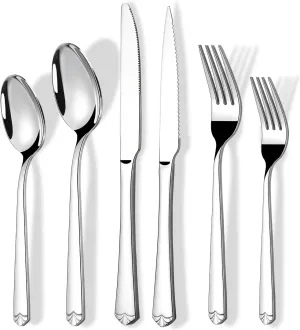 60 Piece Silverware Set with Steak Knives for 10, Prendcyx Stainless Steel Flatware Set, Food-Grade Tableware Cutlery Set Includes Forks Spoons Knives, Mirror Polished, Dishwasher Safe