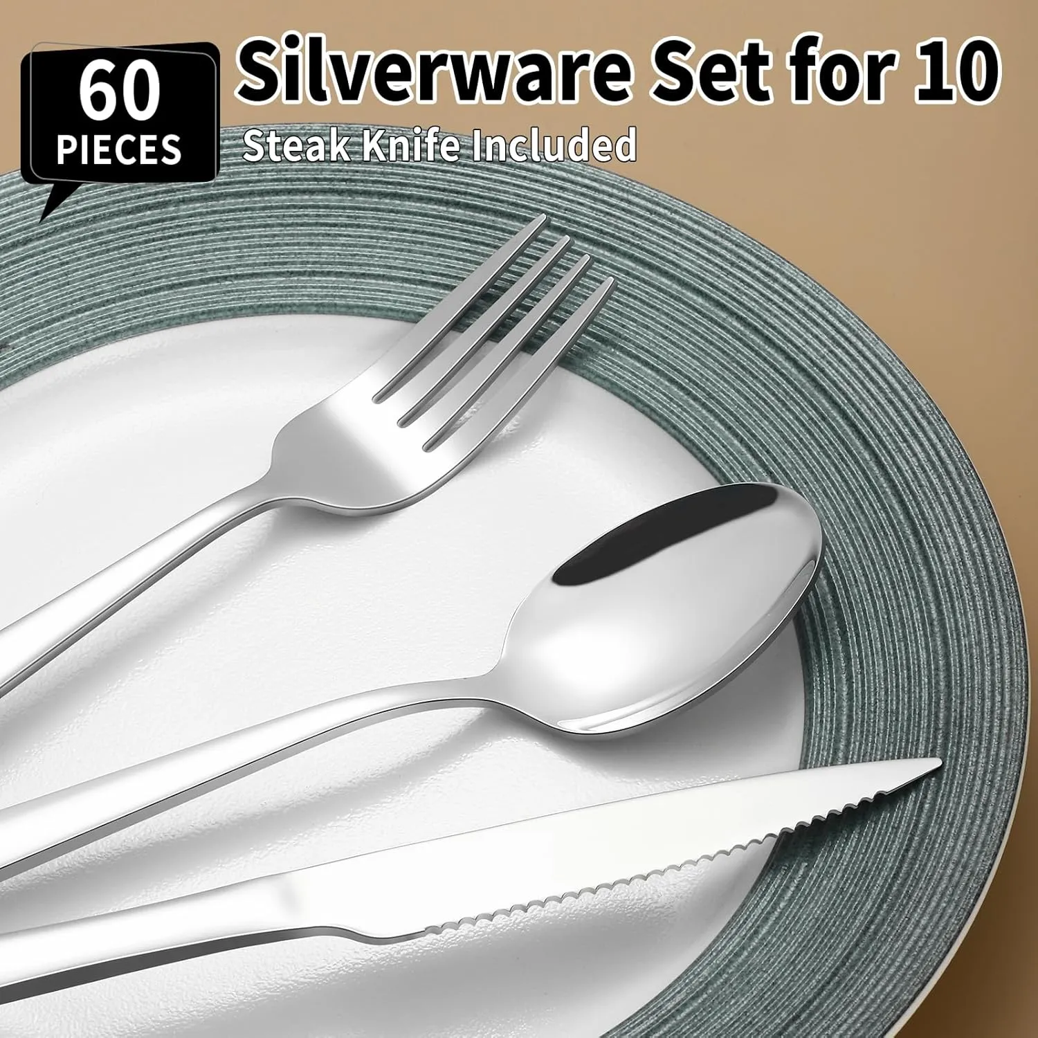 60 Piece Silverware Set with Steak Knives for 10, Prendcyx Stainless Steel Flatware Set, Food-Grade Tableware Cutlery Set Includes Forks Spoons Knives, Mirror Polished, Dishwasher Safe