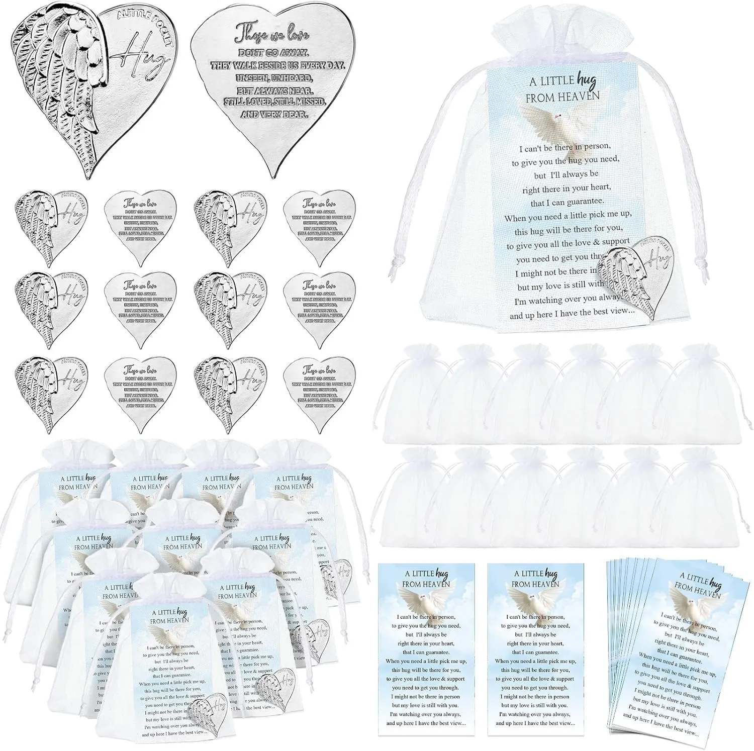 60 Sets Funeral Favors for a Memorial Service Memorial Angel Sign Coins Set Heart Pocket Hug Token Poem Angel Cards Organza Gift Bag Celebration of Life Favors for Family Church Funeral Prayer Gifts