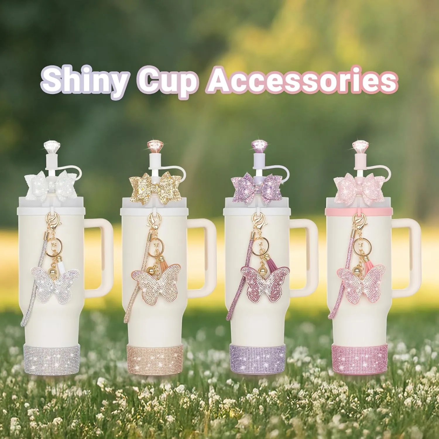 6Pcs Purple Stanley Cup Accessories with Bling Handle Strap, Diamond Straw Topper Straw Cover Cap, Bling Bow, Diamond Boot, Bling Butterfly Charms for Water Bottle Tumbler 20oz 30oz 40oz