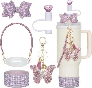 6Pcs Purple Stanley Cup Accessories with Bling Handle Strap, Diamond Straw Topper Straw Cover Cap, Bling Bow, Diamond Boot, Bling Butterfly Charms for Water Bottle Tumbler 20oz 30oz 40oz