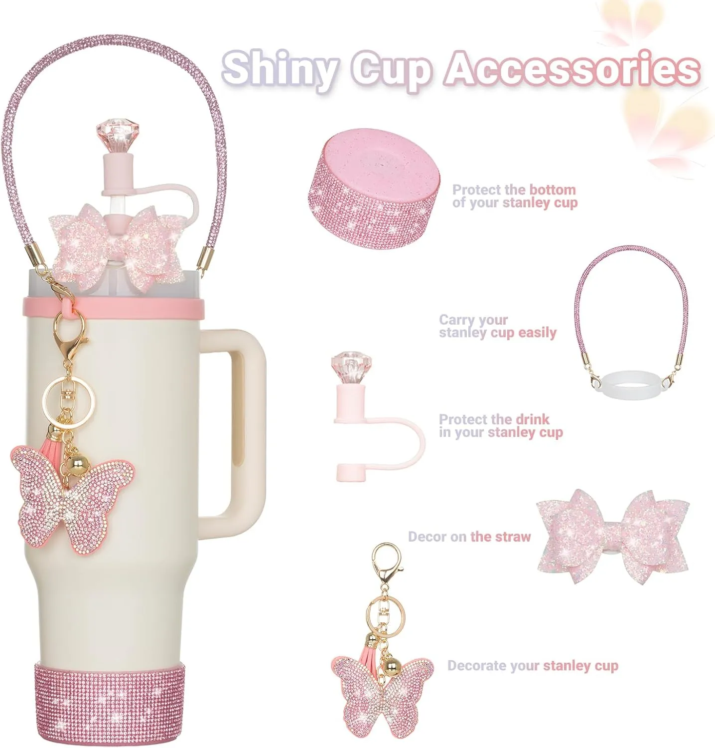 6Pcs Purple Stanley Cup Accessories with Bling Handle Strap, Diamond Straw Topper Straw Cover Cap, Bling Bow, Diamond Boot, Bling Butterfly Charms for Water Bottle Tumbler 20oz 30oz 40oz