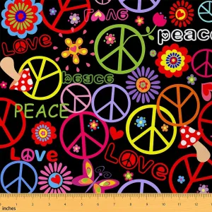 70s Groovy Flower Upholstery Fabric - Exotic Peace Sign by The Yard, 60s Flower Power Decorative, Rural Pastoral Outdoor, Halloween 1960's 1970's Hippie Waterproof - 3 Yards