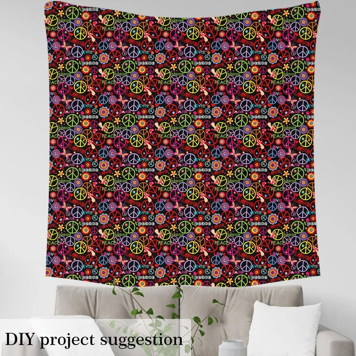 70s Groovy Flower Upholstery Fabric - Exotic Peace Sign by The Yard, 60s Flower Power Decorative, Rural Pastoral Outdoor, Halloween 1960's 1970's Hippie Waterproof - 3 Yards