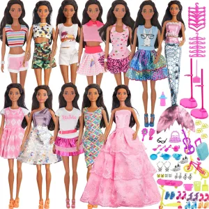 90Pcs Doll Clothes and Accessories for 11.5 Inch Girl Dolls Set Contain 10 Different Handmade Party Doll Grown Outfits, 1 Handmade Wedding Dress, 1 Mermaid Dress, 78 Accessories for Girl Doll