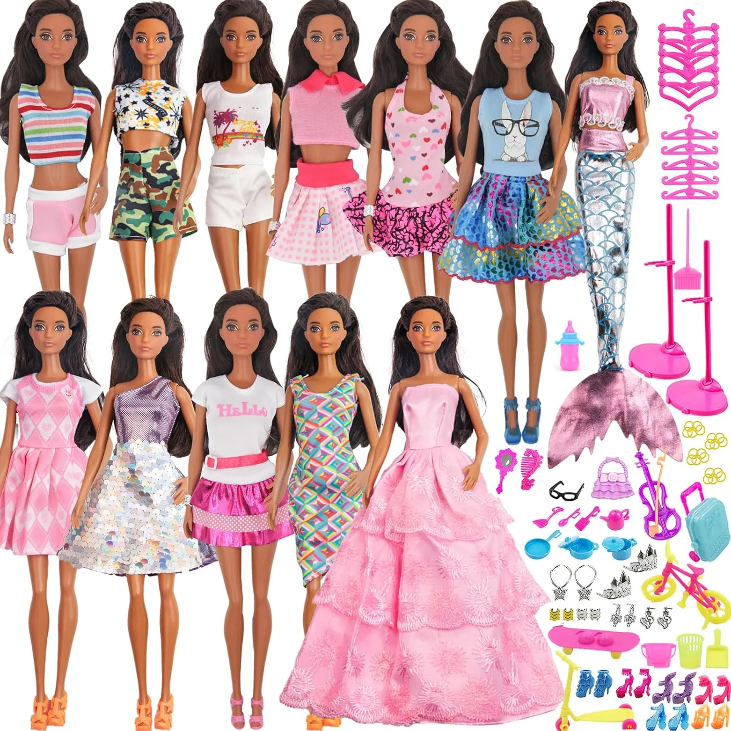 90Pcs Doll Clothes and Accessories for 11.5 Inch Girl Dolls Set Contain 10 Different Handmade Party Doll Grown Outfits, 1 Handmade Wedding Dress, 1 Mermaid Dress, 78 Accessories for Girl Doll