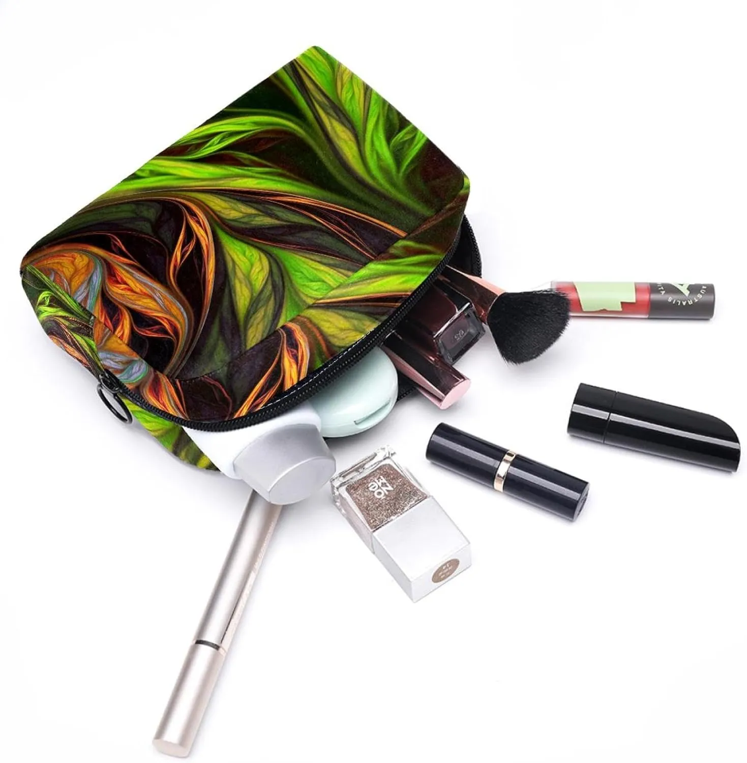 Abstract Exotic Tropical Green and Orange Leaves Art Small Makeup Bag for Purse, Portable Cosmetic Bag Zipper Makeup Pouch for Women, Stationery, Toiletries, Travel Accessories