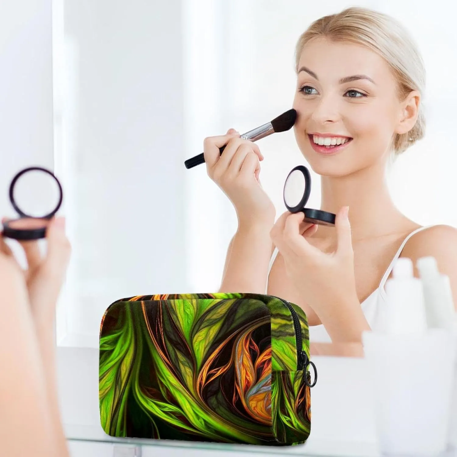 Abstract Exotic Tropical Green and Orange Leaves Art Small Makeup Bag for Purse, Portable Cosmetic Bag Zipper Makeup Pouch for Women, Stationery, Toiletries, Travel Accessories