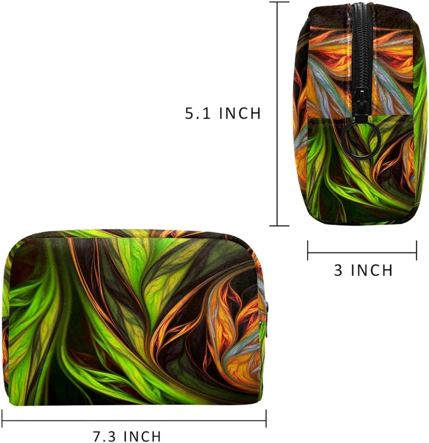 Abstract Exotic Tropical Green and Orange Leaves Art Small Makeup Bag for Purse, Portable Cosmetic Bag Zipper Makeup Pouch for Women, Stationery, Toiletries, Travel Accessories