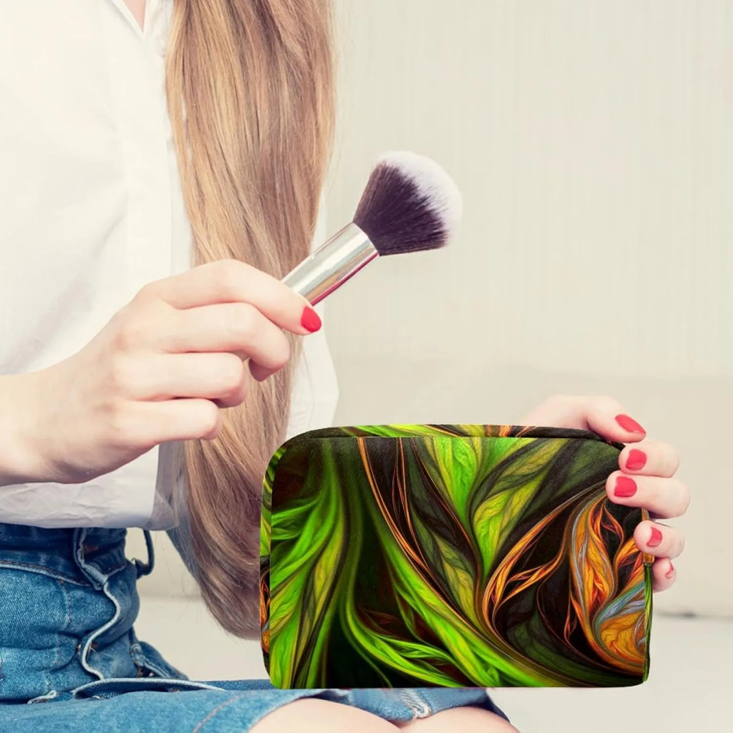 Abstract Exotic Tropical Green and Orange Leaves Art Small Makeup Bag for Purse, Portable Cosmetic Bag Zipper Makeup Pouch for Women, Stationery, Toiletries, Travel Accessories