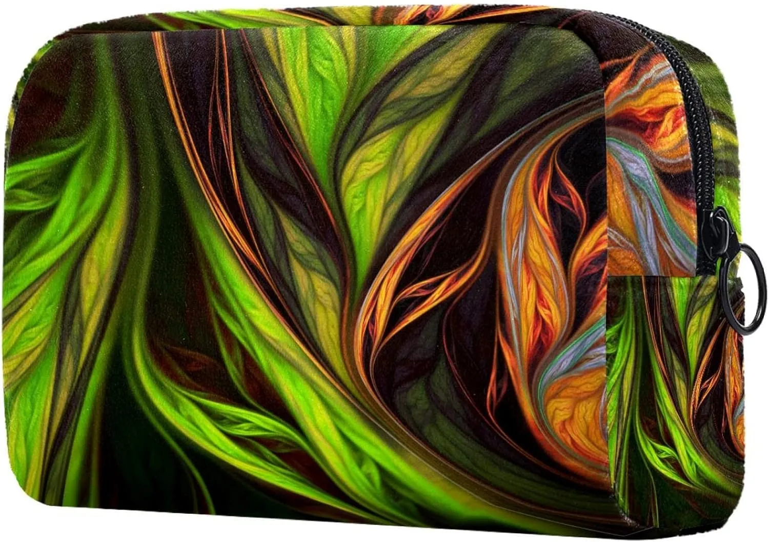 Abstract Exotic Tropical Green and Orange Leaves Art Small Makeup Bag for Purse, Portable Cosmetic Bag Zipper Makeup Pouch for Women, Stationery, Toiletries, Travel Accessories