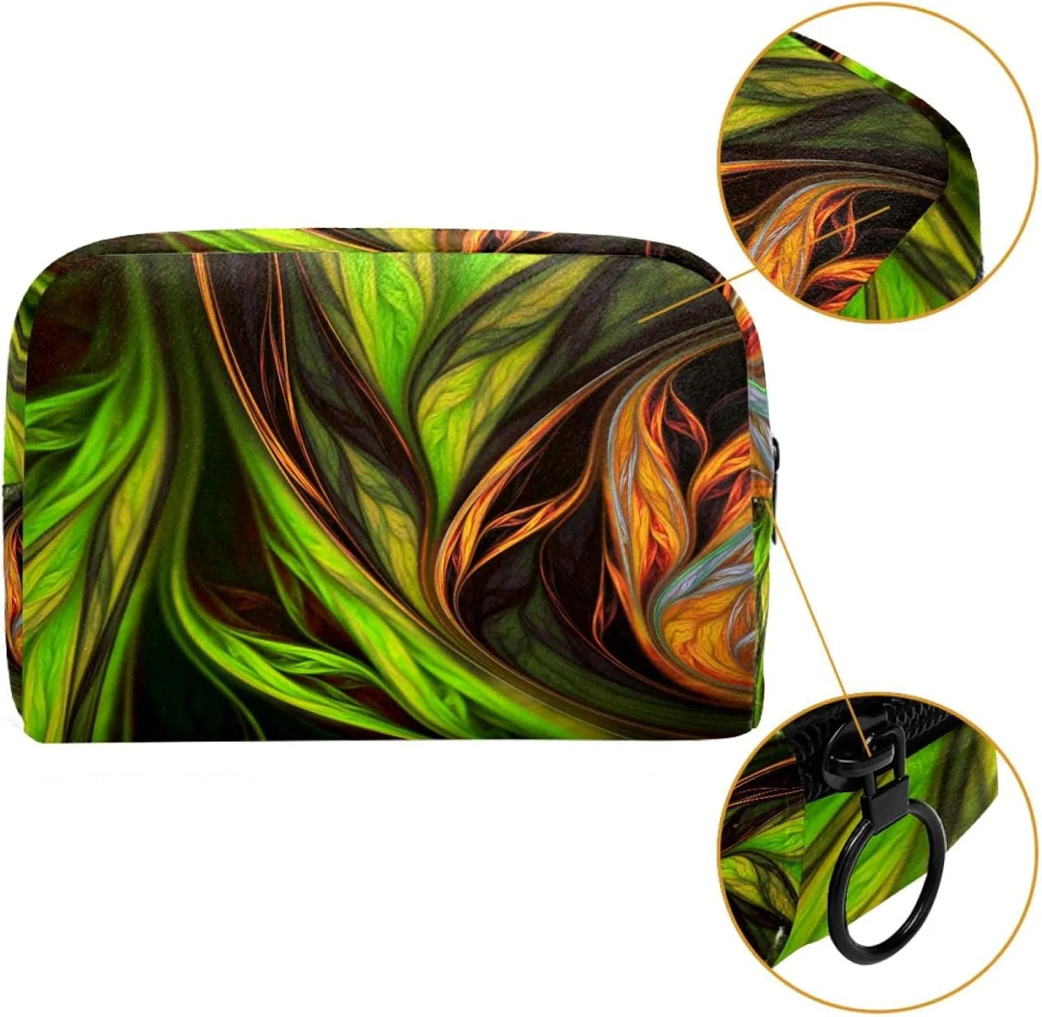 Abstract Exotic Tropical Green and Orange Leaves Art Small Makeup Bag for Purse, Portable Cosmetic Bag Zipper Makeup Pouch for Women, Stationery, Toiletries, Travel Accessories