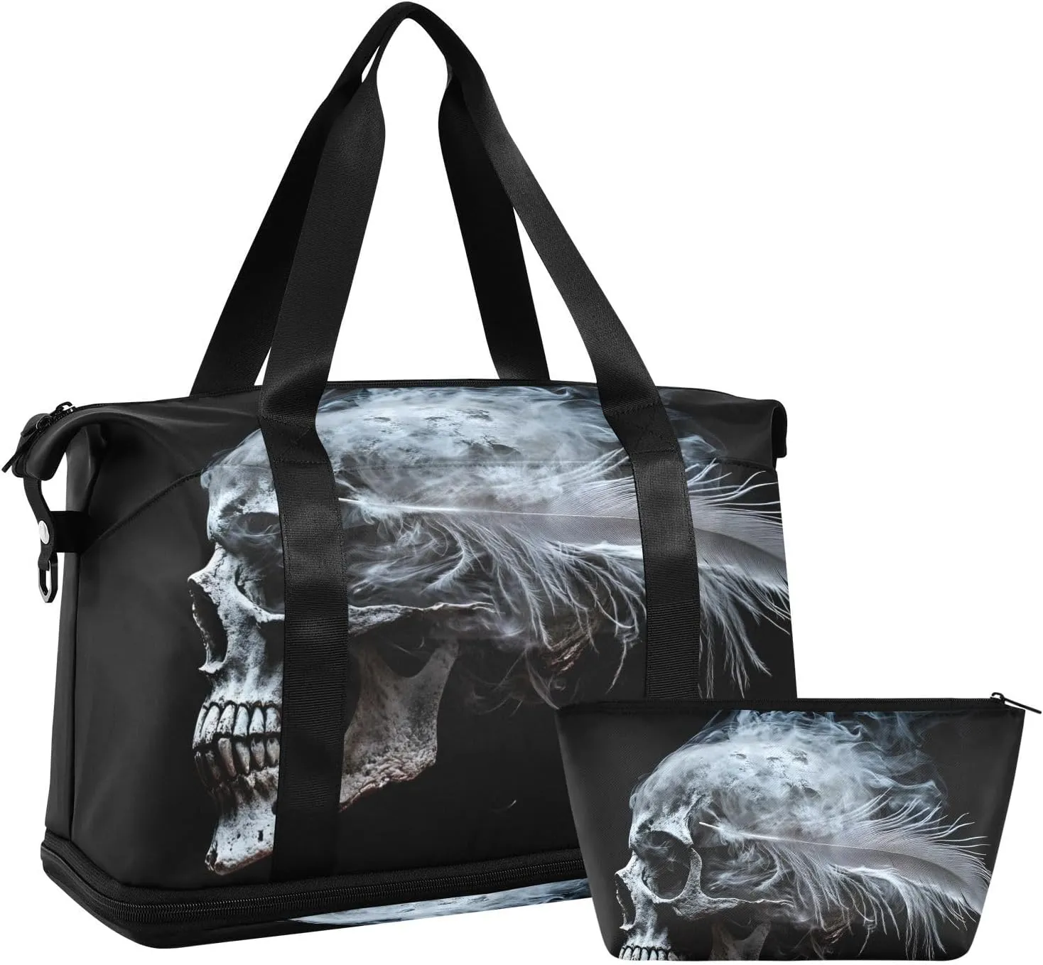 AIXIWAWA Feather Skull Duffel Bags Set with Shoes Compartment Trolley Sleeve Removeable Strap for Workout Travel Gym