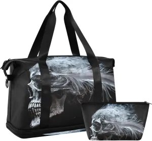 AIXIWAWA Feather Skull Duffel Bags Set with Shoes Compartment Trolley Sleeve Removeable Strap for Workout Travel Gym