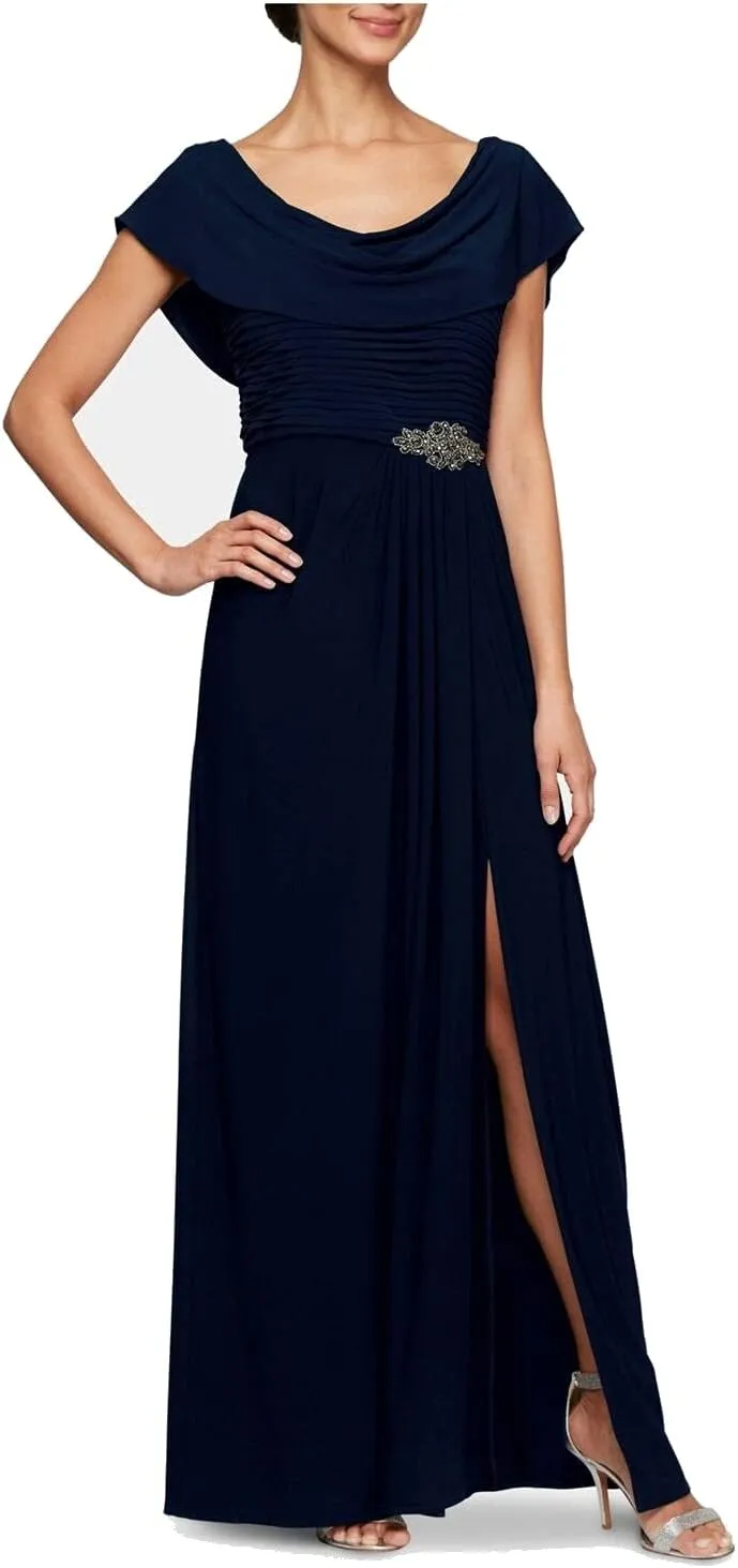 Alex Evenings Women's Long Cowl Neckline Mother of The Bride Dress, Formal Event Gown (Petite and Regular Sizes)