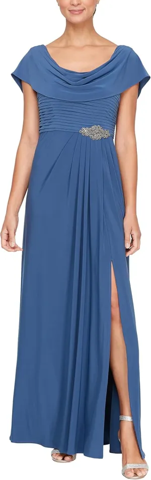 Alex Evenings Women's Long Cowl Neckline Mother of The Bride Dress, Formal Event Gown (Petite and Regular Sizes)
