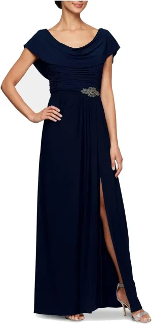 Alex Evenings Women's Long Cowl Neckline Mother of The Bride Dress, Formal Event Gown (Petite and Regular Sizes)