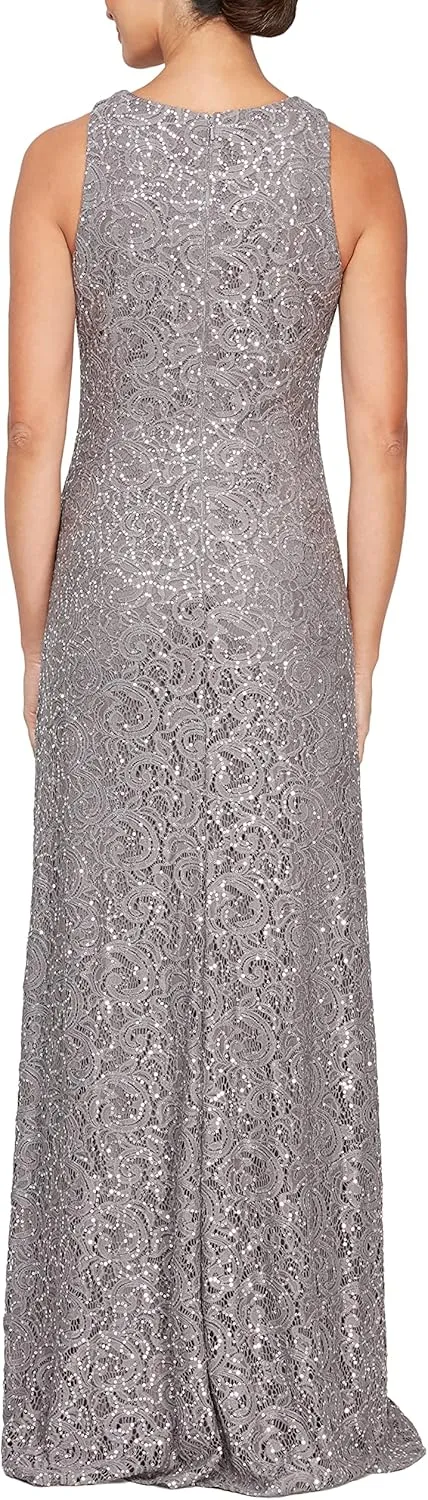 Alex Evenings Women's Long Sleeveless Mother of The Bride Dress W/Cascade Ruffle & Front Slit (Petite and Regular Sizes)