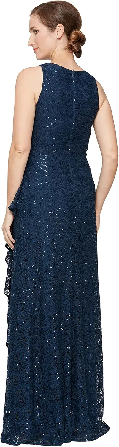 Alex Evenings Women's Long Sleeveless Mother of The Bride Dress W/Cascade Ruffle & Front Slit (Petite and Regular Sizes)
