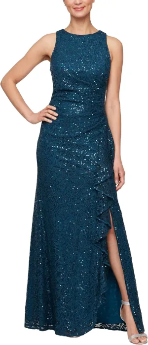 Alex Evenings Women's Long Sleeveless Mother of The Bride Dress W/Cascade Ruffle & Front Slit (Petite and Regular Sizes)