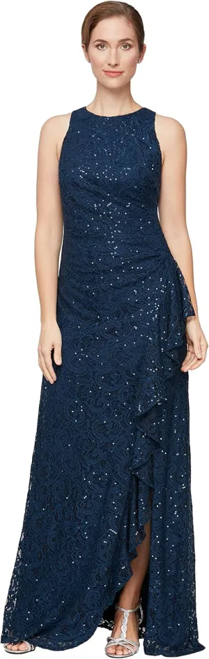 Alex Evenings Women's Long Sleeveless Mother of The Bride Dress W/Cascade Ruffle & Front Slit (Petite and Regular Sizes)