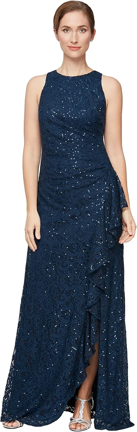 Alex Evenings Women's Long Sleeveless Mother of The Bride Dress W/Cascade Ruffle & Front Slit (Petite and Regular Sizes)